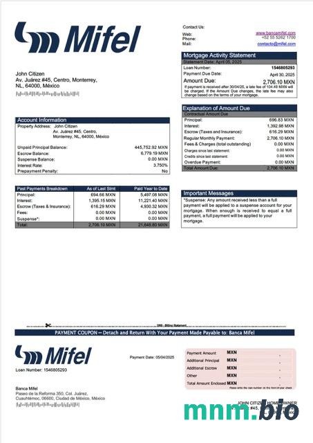 Meksyk Banca Mifel wyciąg z kredytu hipotecznego szablon Word i PDF